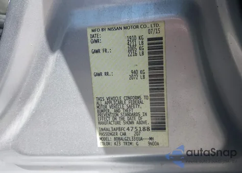 2015 Nissan Altima 2.5 S из США, поврежденный, VIN 1N4AL3AP8FC475188